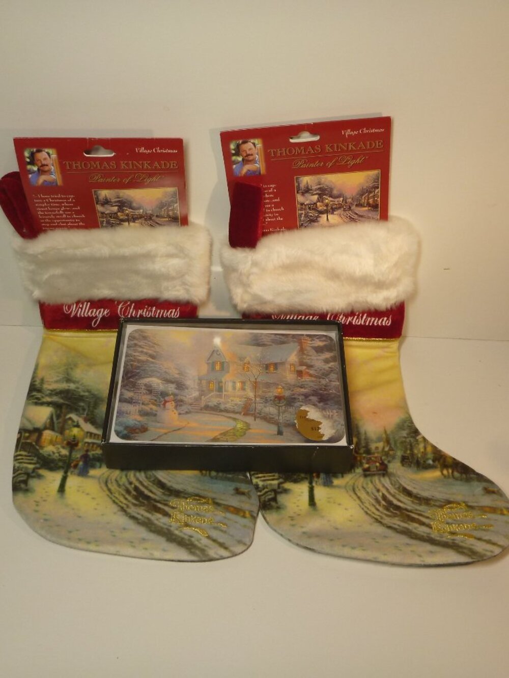 Thomas Kinkade Holiday Bundle: (2) Village XMas Stockings & DaySpring Cards Set